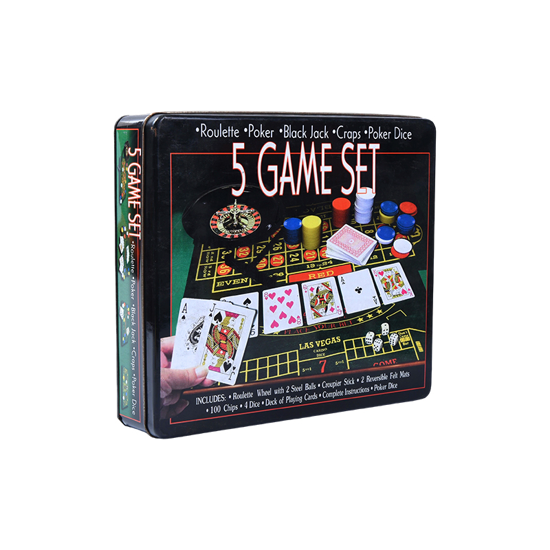 Metal Tin 5-in-1 Cluiche Casino Set